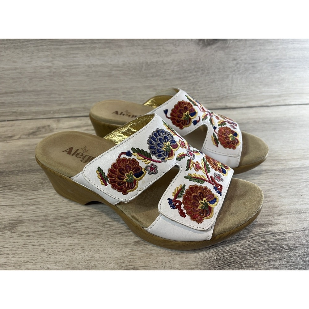 Alegria Womens Lin-600N Floral Embroidered Leather Sandals White Sz 38‎ Sz 8